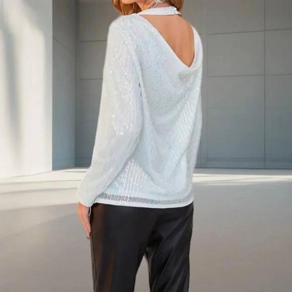 NWT Women’s Sequined Long Sleeve Scoop Neck Blouse - Picture 3 of 8